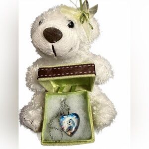 Plush White Teddy with Heart Pendant Necklace - White
